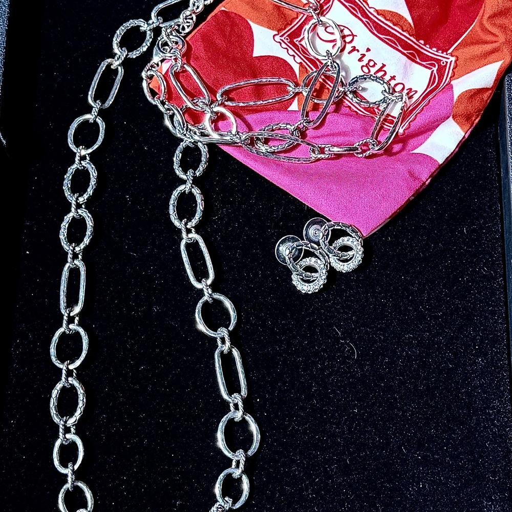 Brighton Silver Long Link Necklace Drop Earrings Set Textured Oval Links Retired - Picture 8 of 14